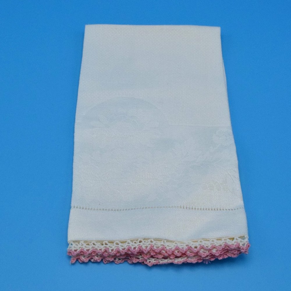 Vintage Jacquard & Hand Crochet Linen Hand Towel Floral Motif Granny Core